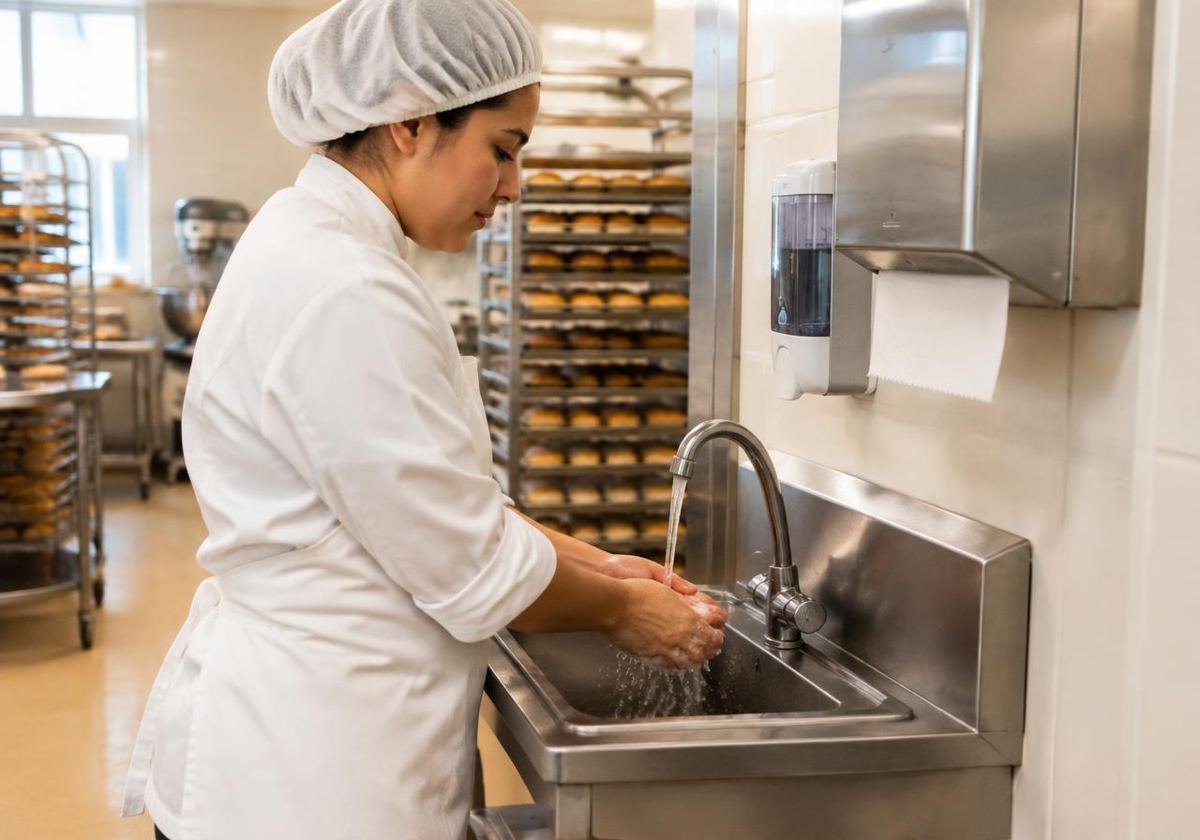 Bakery worker washing hands at a dedicated hand-wash sink with soap and paper towels