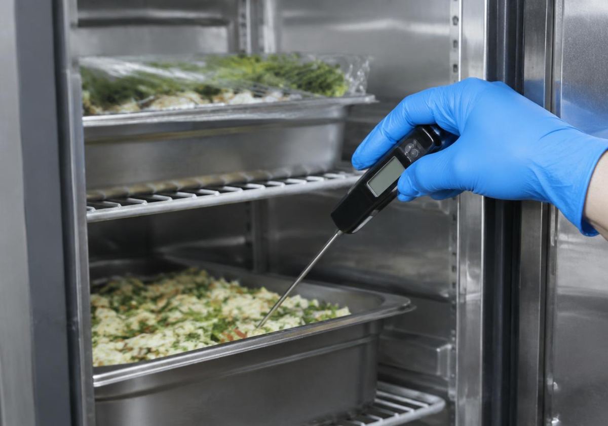 Gloved hand probing a tray of chilled food inside a stainless steel commercial fridge